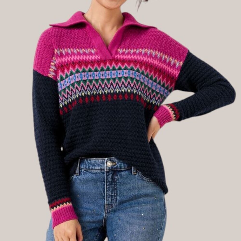 Talbots Johnny Collar Sweater Chevron Fair Isle Pink Blue V Neck Sweater Sml EUC
